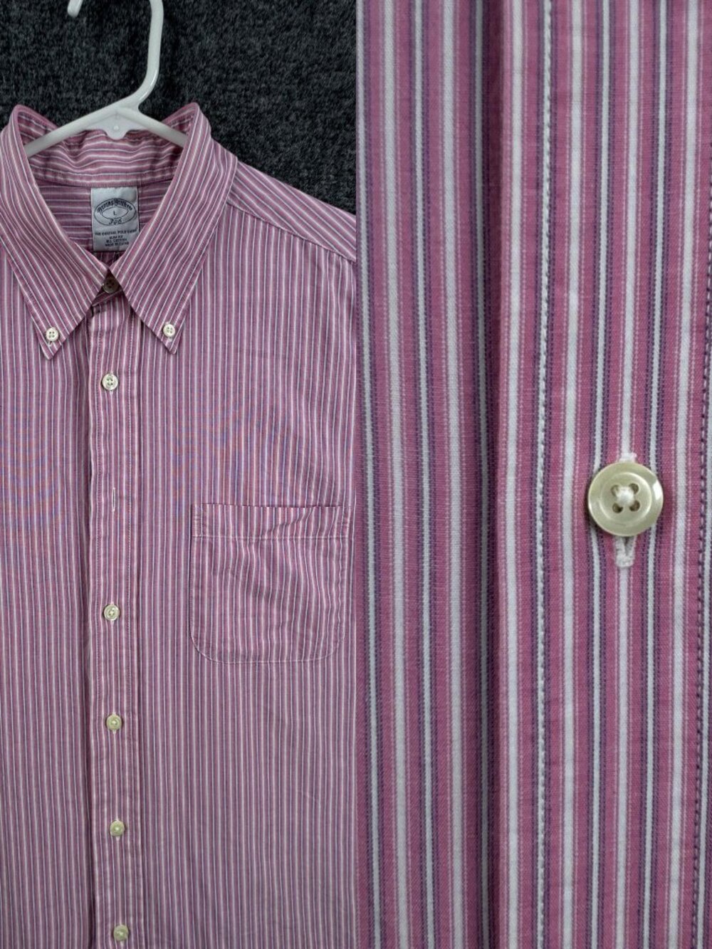 Brooks Brothers Slim Button-Down Striped Pink White Cotton Large Long Sleeve